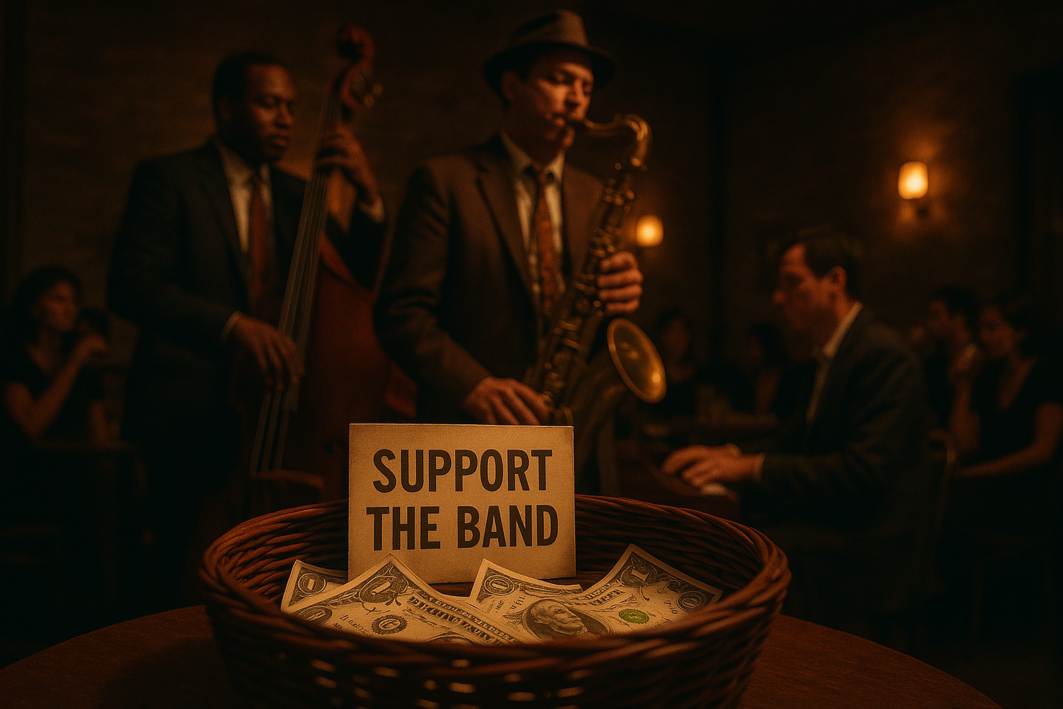 Live-Jazzband in gemütlicher Bar, mit Trinkgeldkorb im Vordergrund.